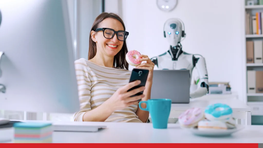 Employee sitting in front of her smartphone while AI is in the background