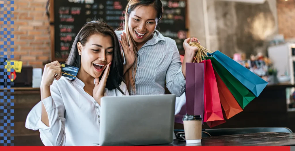 Young women enjoy shopping with credit cards.