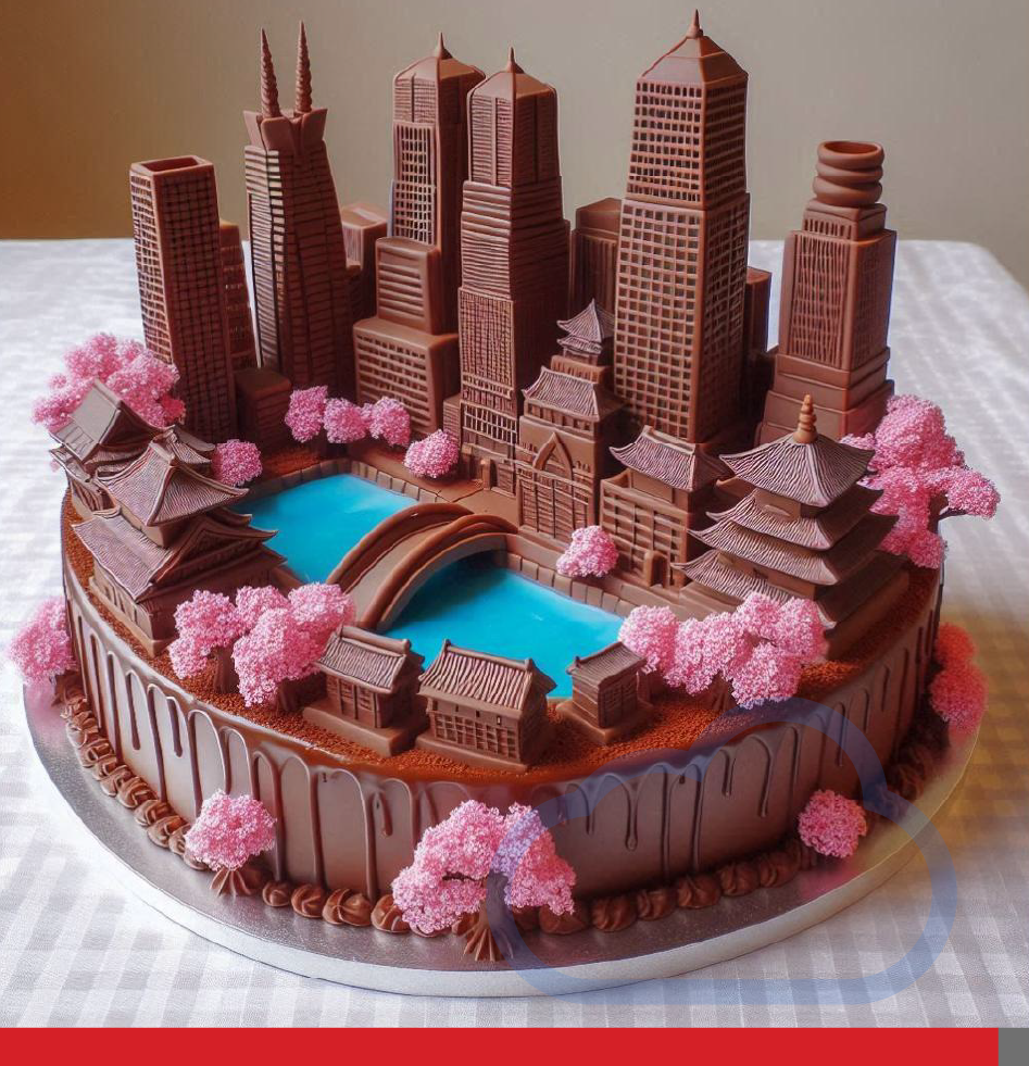 A chocolate cake in the shape of the city of Osaka in Japan