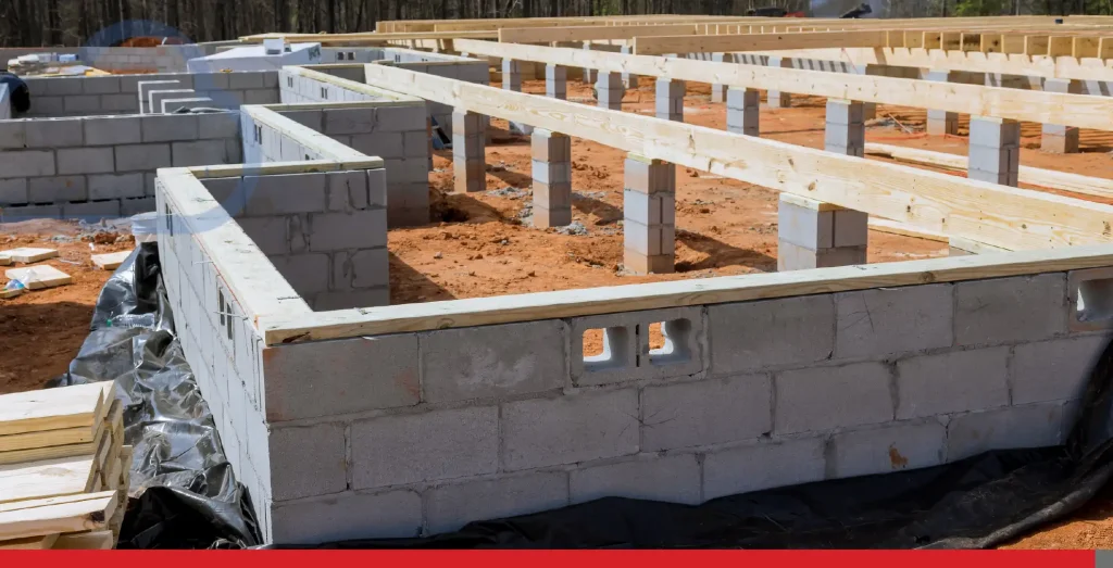 Des blocs de ciment ont posé un mur pour la fondation d'une maison sur un chantier de construction