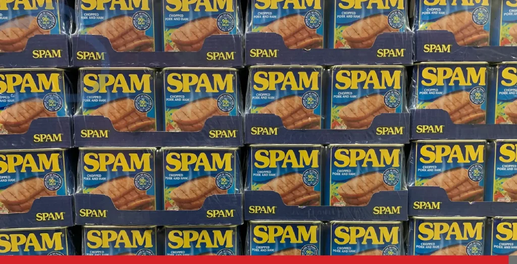 A stack of tin cans containing spam.